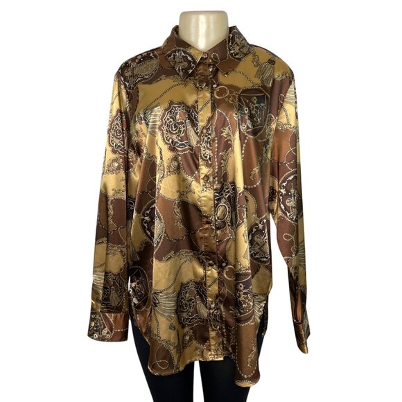 Dennis Basso Chain Print Satin Button-Up Shirt Brown/Gold Size L - Picture 1 of 6